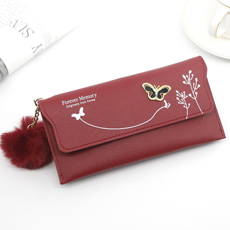 Butterfly Designer Women Long Wallets PU Leather Money Bag Solid Wool Ball Bow Clutch Bag Large Capacity Card Bag Coin Purse