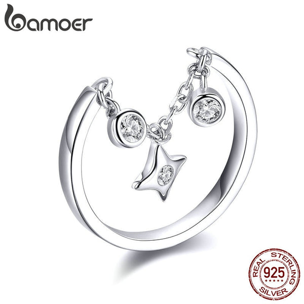 BAMOER Silver Rings 925 Stelring Silver Chain Ring for Women Clear CZ Star Ajudtable Rings Female Jewelry Wedding Gifts SCR408