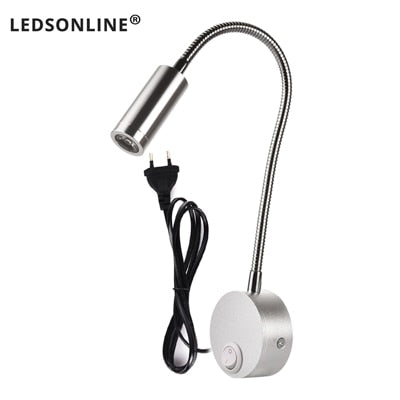 Wall Lamp 3W Home Hotel Loft Bedside Reading Book Black Silver Light Flexiable ON/OFF Switch 90-260V Spot LED Bulb