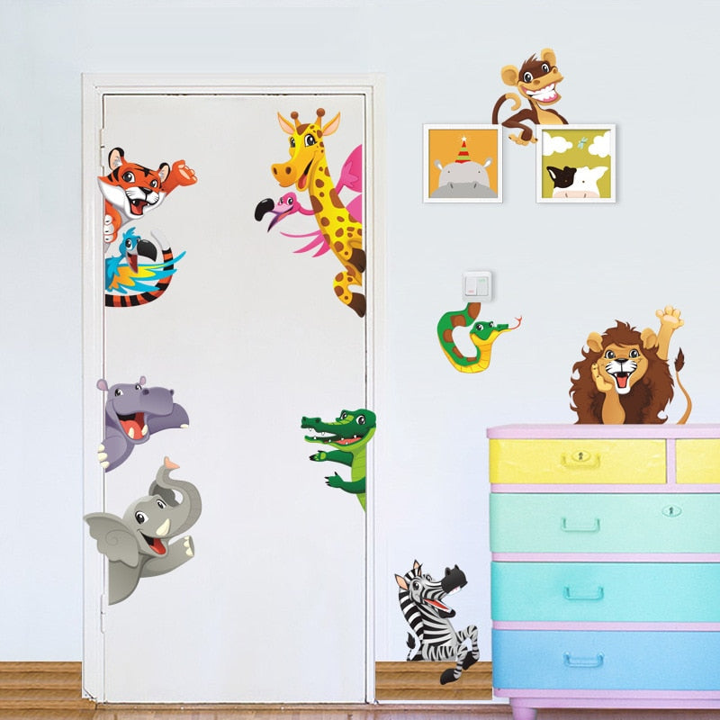 Jungle Animals wall stickers For Kids Rooms Home Door Decor Cartoon Lion Elephant Giraffee Wall Decals Pvc Mural Art Diy Posters