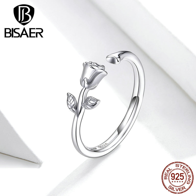 BISAER 925 Sterling Silver Rose Flowers Open Size Rings For Women Finger Sterling Silver Rings Jewelry Anel EFR065