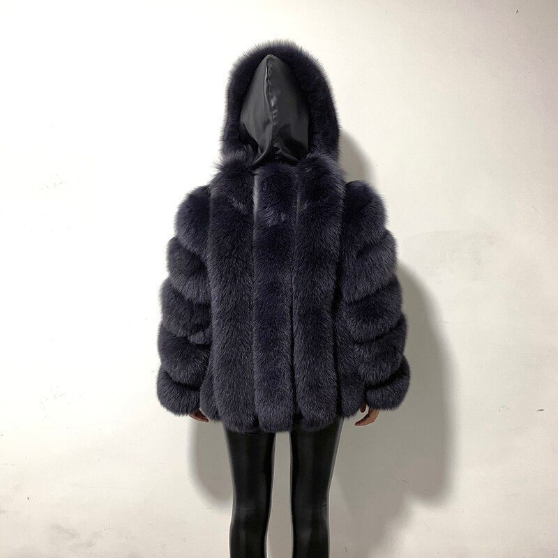 rf1991 Super Warm Women's Fashion Fox Fur Coat with Big Hood Genuine Leather Woman's Real Fur Jacket for Winter