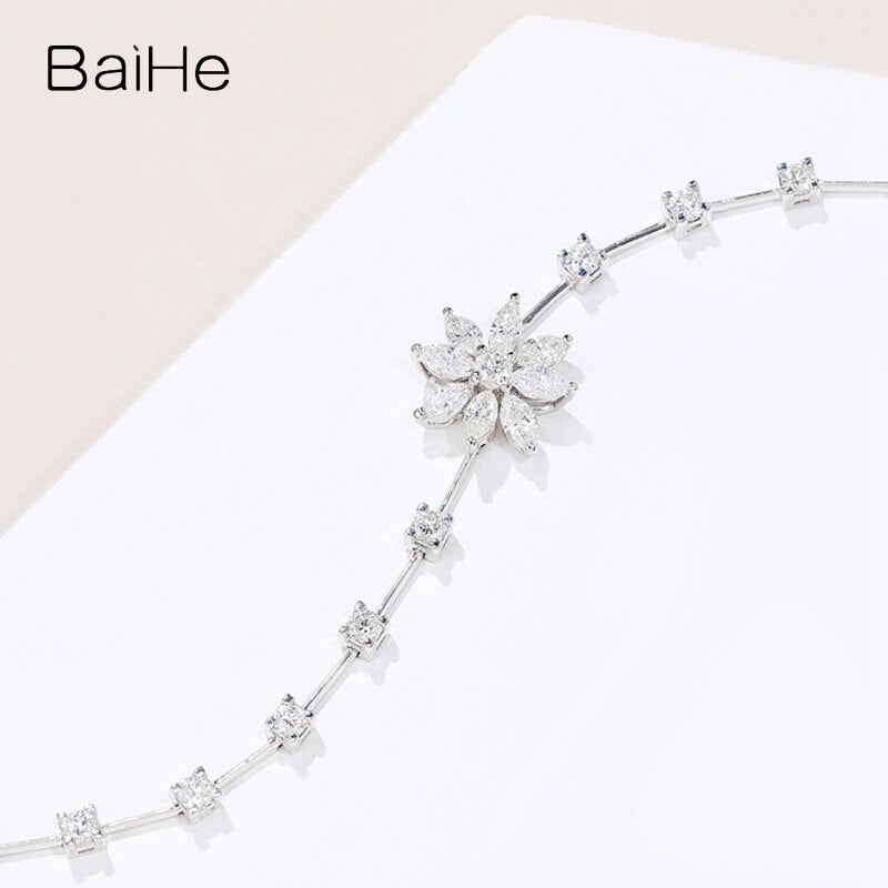 BAIHE Solid 18K White Gold H/SI Natural Diamond Luxury Flower Bracelet Women Trendy Fine Jewelry pulseras mujer браслеты браслет