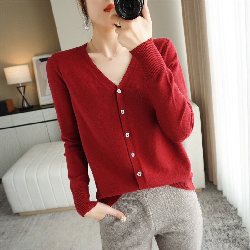 Spring Autumn New V-Neck Knitted Cardigan Women's Loose Large Size Thin Sweater All-Match Jacket Pure Color Basic Small Cardigan