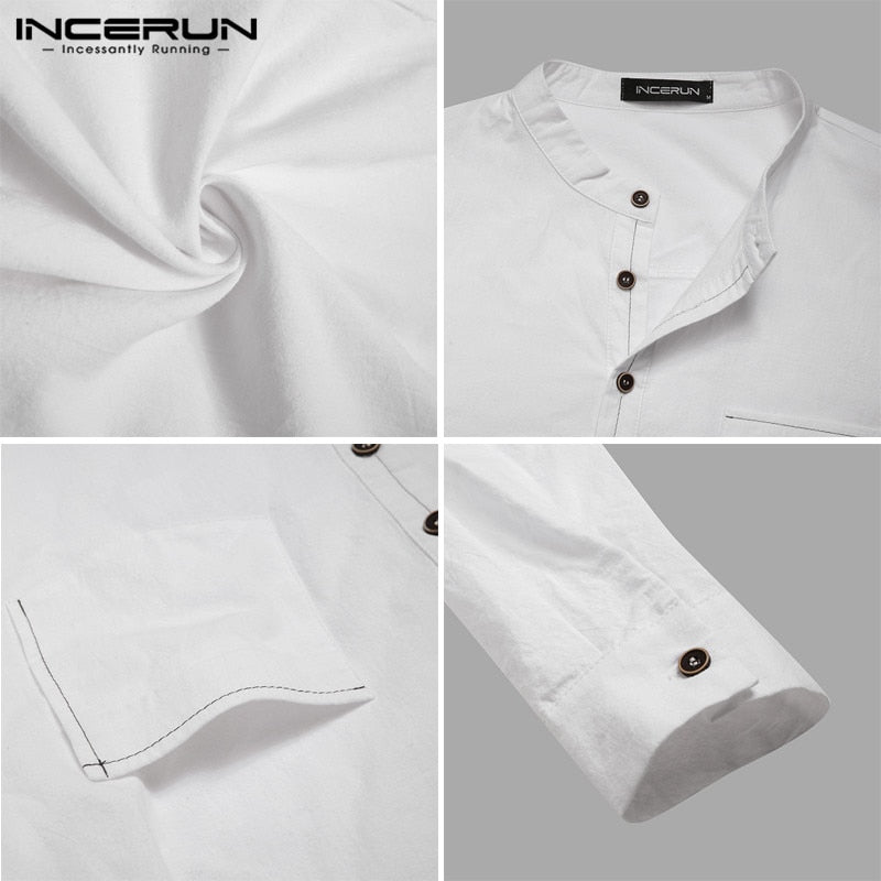 INCERUN Men's Casual Shirt Cotton Solid Color Long Sleeve Blouse Chic Stand Collar Fashion Handsome Tops 2022 Streetwear Camisas