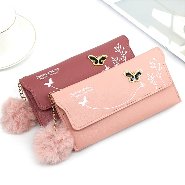 Butterfly Designer Women Long Wallets PU Leather Money Bag Solid Wool Ball Bow Clutch Bag Large Capacity Card Bag Coin Purse