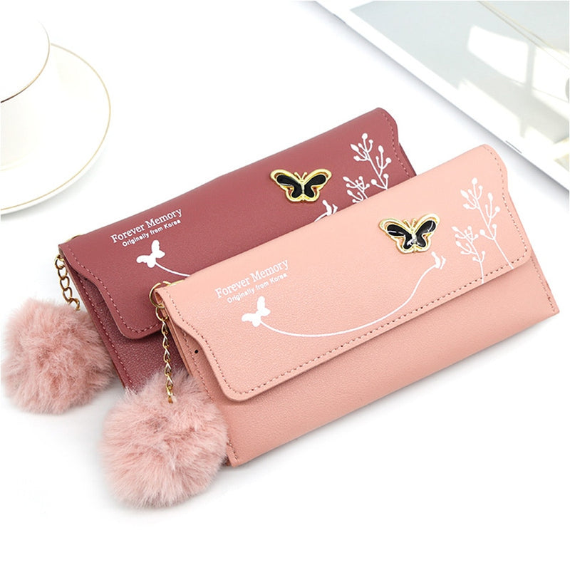 Butterfly Designer Women Long Wallets PU Leather Money Bag Solid Wool Ball Bow Clutch Bag Large Capacity Card Bag Coin Purse