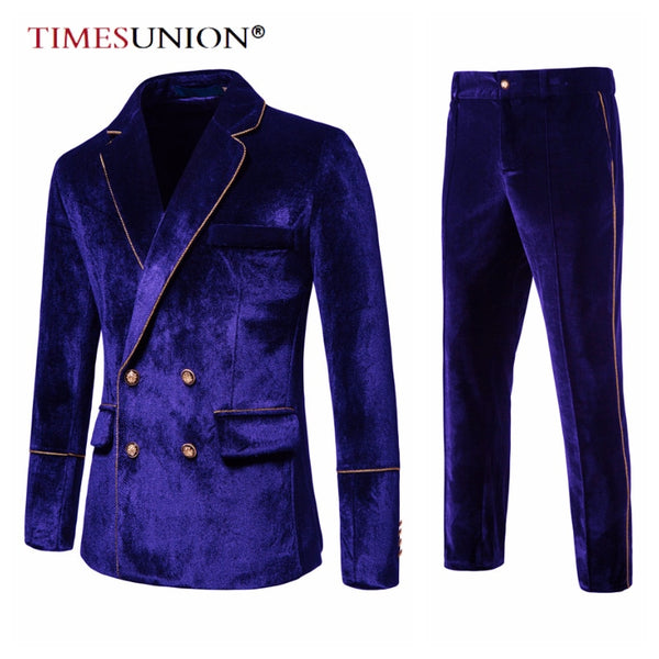 Luxury Velvet Inlaid With Gold Edge Men&#39;s Suits Double Breasted Men&#39;s Sets Evening Dress Jacket and Pants Wedding Men Clothing