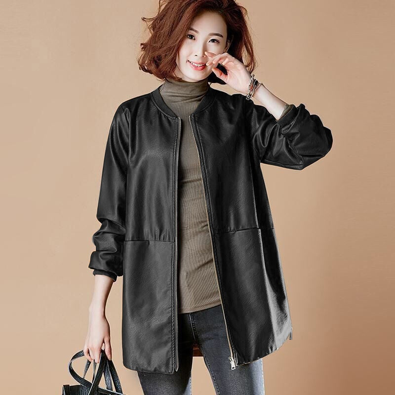 O-Neck Spring Woman's Pu Leather Jackets Long Sleeve Casual Ladies Faux Leather Coats Basic  Female Jacket with Pockets