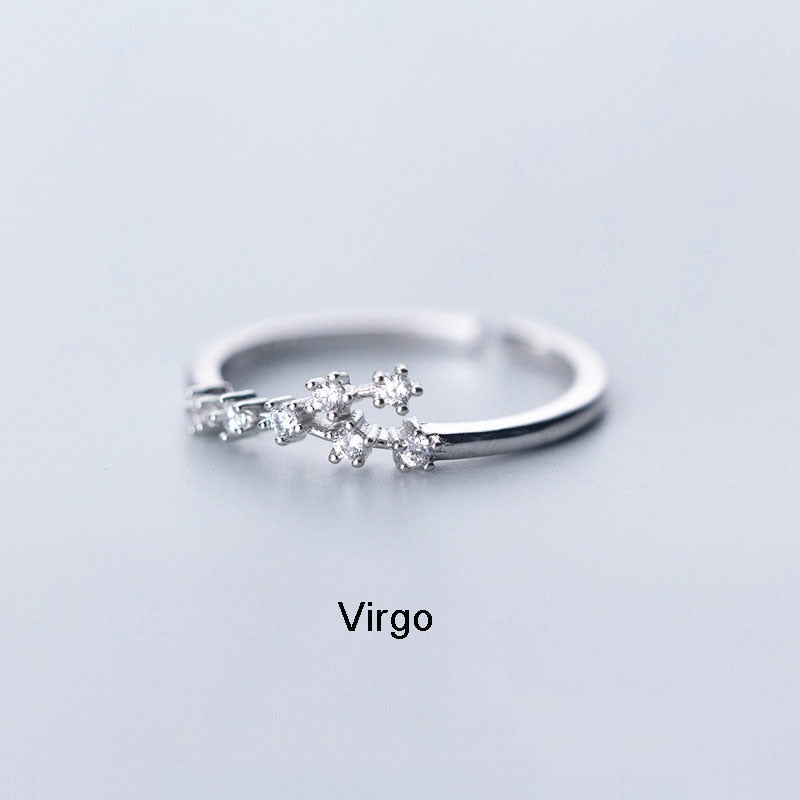 New Minimalist Inlaid Cubic Zircon 12 Constellation Zodiac Sign Rings for Women Simple Silver Color Adjustable Ring Jewelry Gift