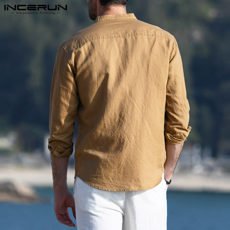 INCERUN Men's Casual Shirt Cotton Solid Color Long Sleeve Blouse Chic Stand Collar Fashion Handsome Tops 2022 Streetwear Camisas