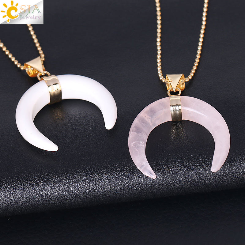 CSJA Natural Stones Crescent Moon Necklaces Pendants Purple Crystal Pink Quartz White Stone Gold Color Reiki Women F306