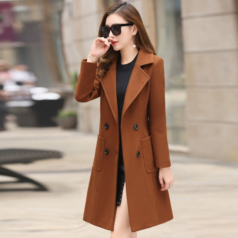 Woolen Coat Women Turn-Down Collar Double Breasted Coats Women 2021 Autumn Korean Slim Khaki Black Woolen Jacket Female LD1423