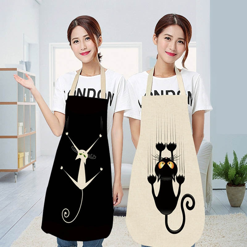 Kitchen Apron Home Cleaning Tools Cotton Linen Waterproof 68x55cm Sleeveless Waist Bib Easy Cleaning Cute Cartoon Cat Printed