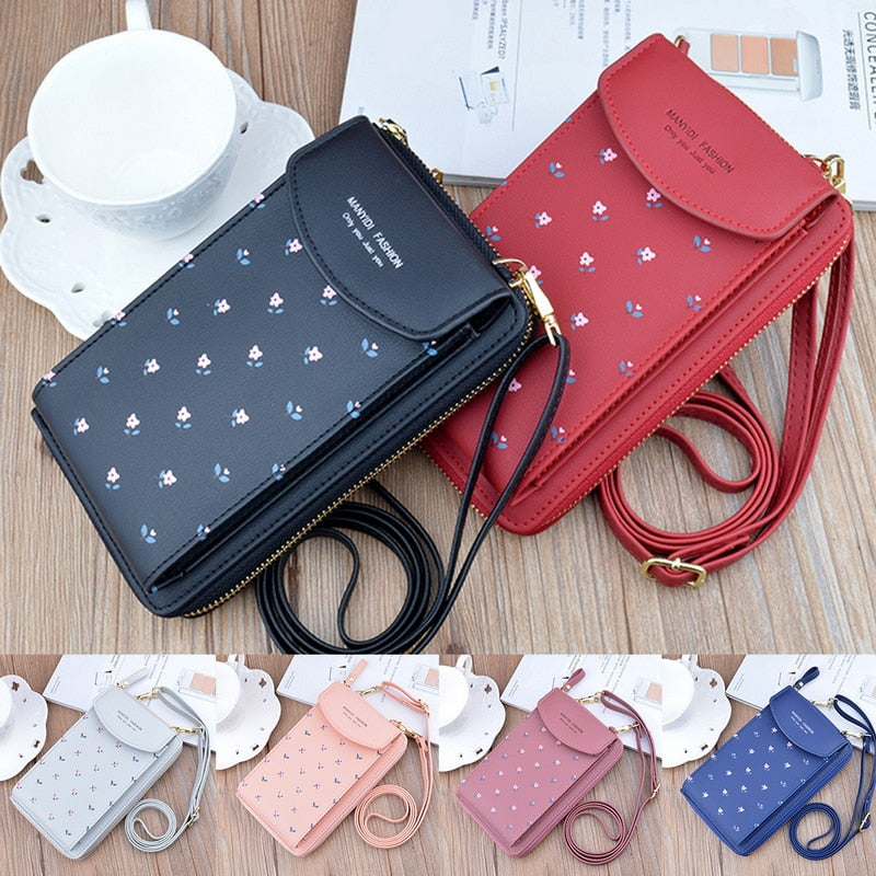 2022 Women Wallet Flower Print Leather Shoulder Straps Shoulder Bag Mobile Phone Big Card Holders Wallet Handbag Pockets Girls