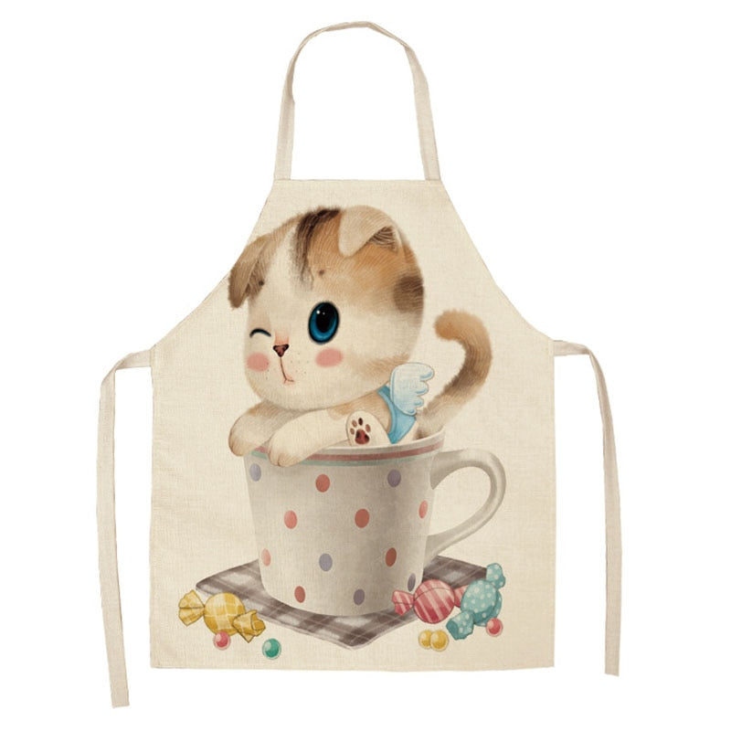 Kitchen Apron Home Cleaning Tools Cotton Linen Waterproof 68x55cm Sleeveless Waist Bib Easy Cleaning Cute Cartoon Cat Printed