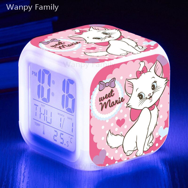 Cute Marie Cat Alarm Clock 7 Color Glowing LED Digital Clock Kids Room Touch Sensing Small Night Lamp Desk Clock Gift For Child