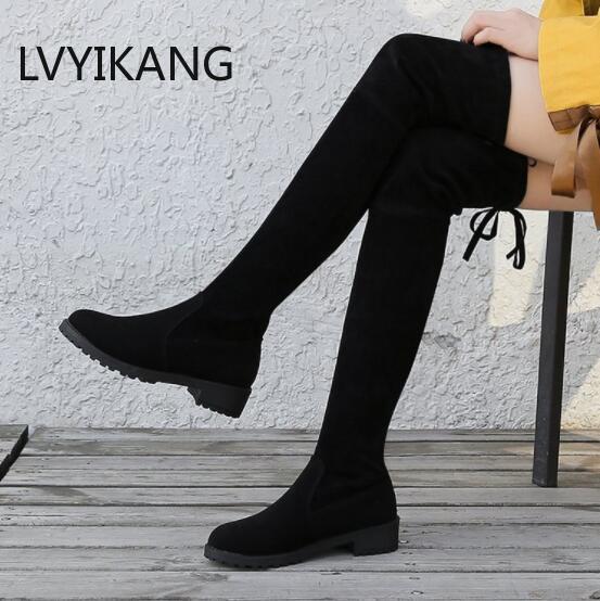 NAUSK Thigh High Boots Female Winter Boots Women Over The Knee Boots Flat Stretch Sexy Fashion Shoes 2018 Black Botas Mujer