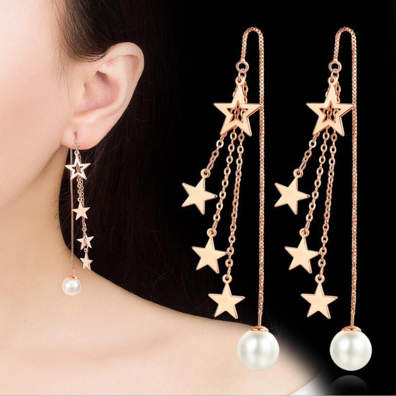 Fashion Genuine 925 Sterling Silver Line Wave Stars Chain Drop Earrings for Women Sterling Silver Jewelry