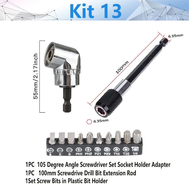 Adjustable 105 Degree Right Angle Driver Screwdriver  Tools Set 1/4 Hex Shank For Power Drill Screwdriver Bits Tools