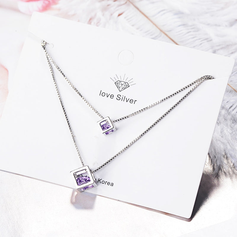 925 Sterling Silver Square Cube Zirconia Choker Statement Necklace For Women Double Layer Pendants &amp; Necklaces S-n209