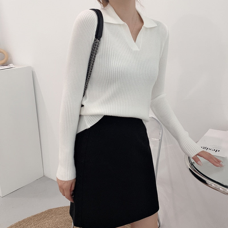 2022 New Lapel Polo Neck Knitted Bottoming Top Women's Autumn Winter Solid Color Base All Match Causal Sweater For Fashion