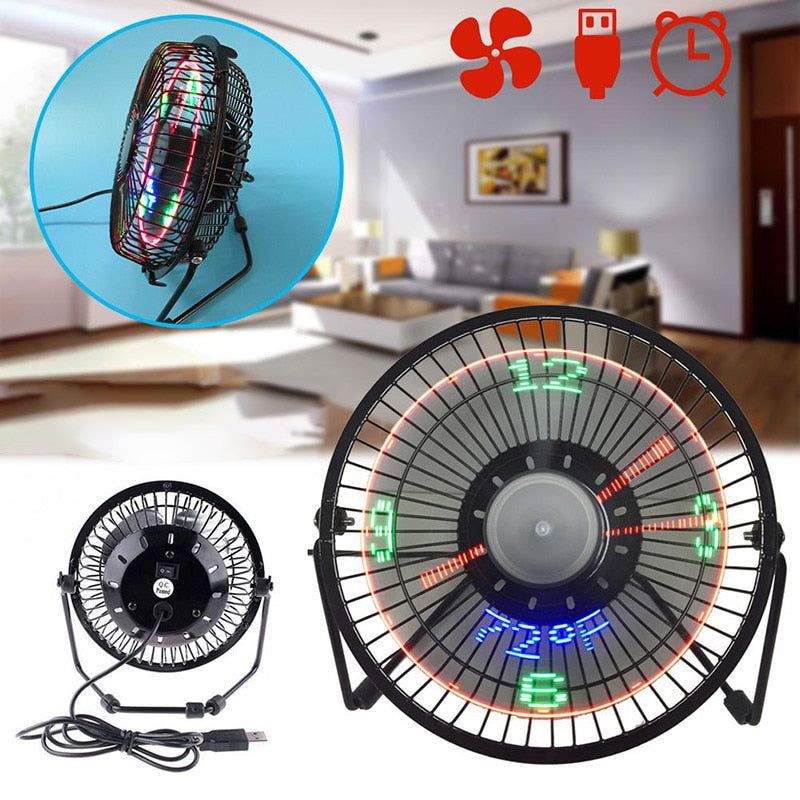 New Hot Selling USB LED Clock Mini Fan With Real Time Temperature Display Desktop 360 Cooling Fans For Home Office Summer