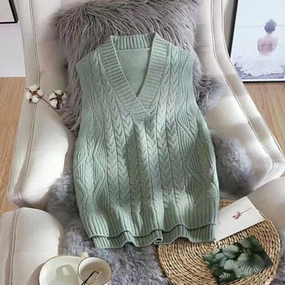 Autumn Women's Sweater Vest V-neck Sleeveless Irregular Casual Loose Knitted Pullover Tops Female Outerwear