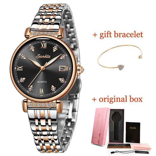 Montre Femme SUNKTA New Women Watch Top Luxury Brand Creative Design Steel Women&