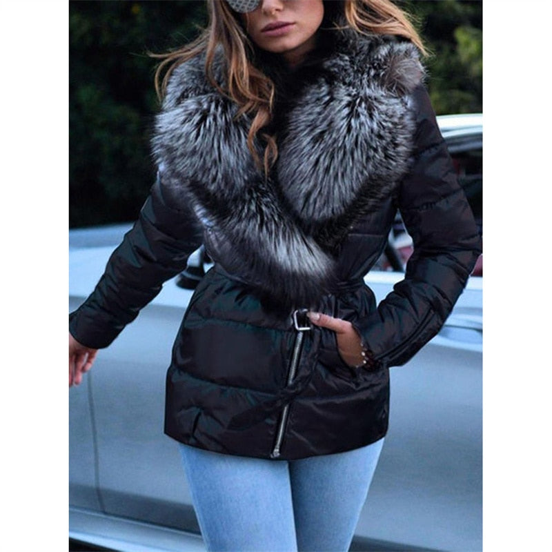 Down Cotton Coat Women Faux Fur Collar Glossy Parkas 2023 Autumn Winter New Fashion Silve Gray Black S-5XL Coat Feminina N1109