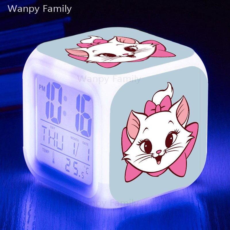 Cute Marie Cat Alarm Clock 7 Color Glowing LED Digital Clock Kids Room Touch Sensing Small Night Lamp Desk Clock Gift For Child