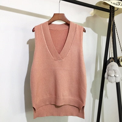 Autumn Women's Sweater Vest V-neck Sleeveless Irregular Casual Loose Knitted Pullover Tops Female Outerwear