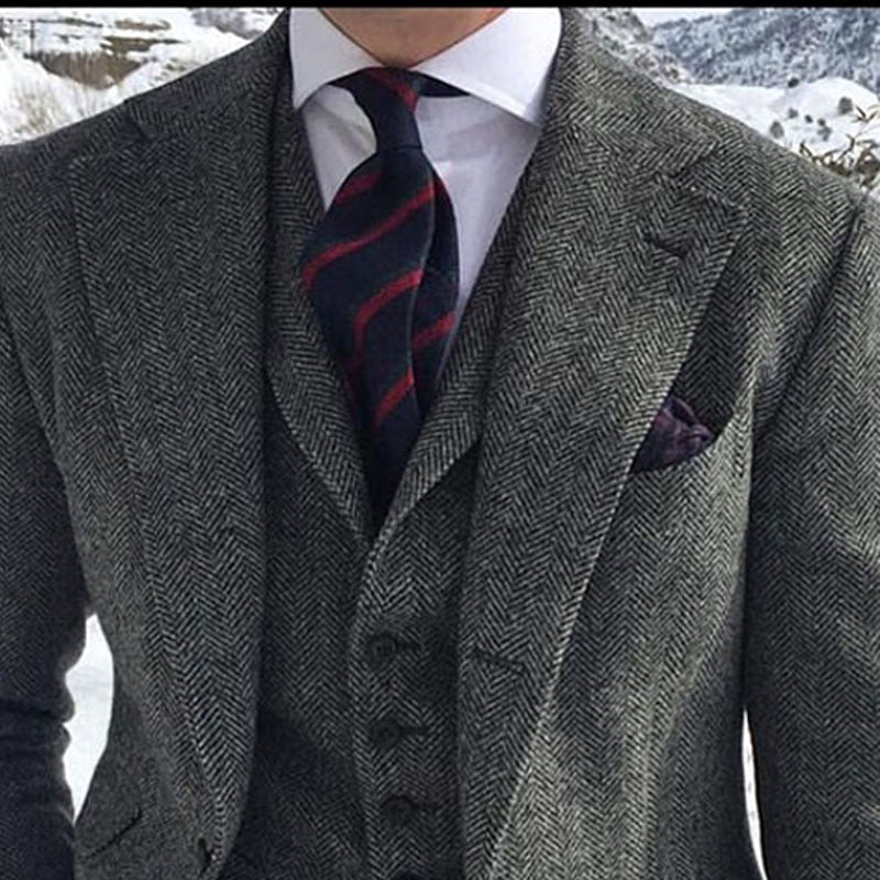 Gray Wool Tweed Men Suits For Winter Wedding Formal Groom Tuxedo 3 Piece Herringbone Male Fashion Set Jacket Vest with Pants