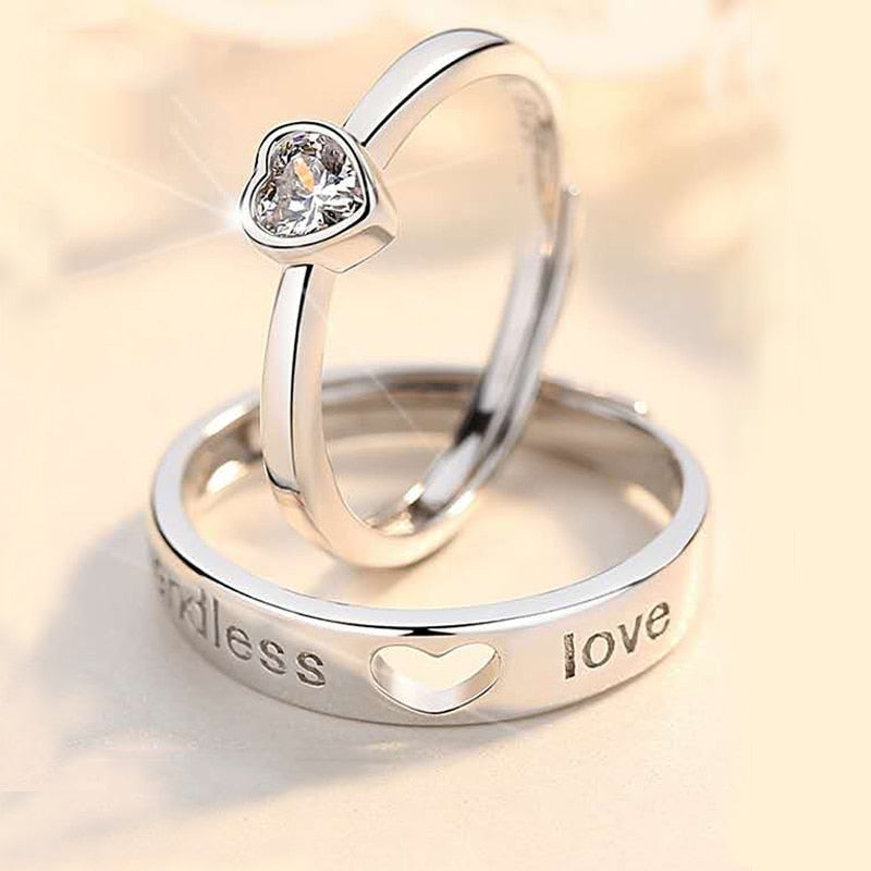 2pcs/Set Adjustable Heart-Shaped Letter Copper 30% Silver Plated Crystal Couple Ring Men Women Jewelry Wholesale Dropshipping