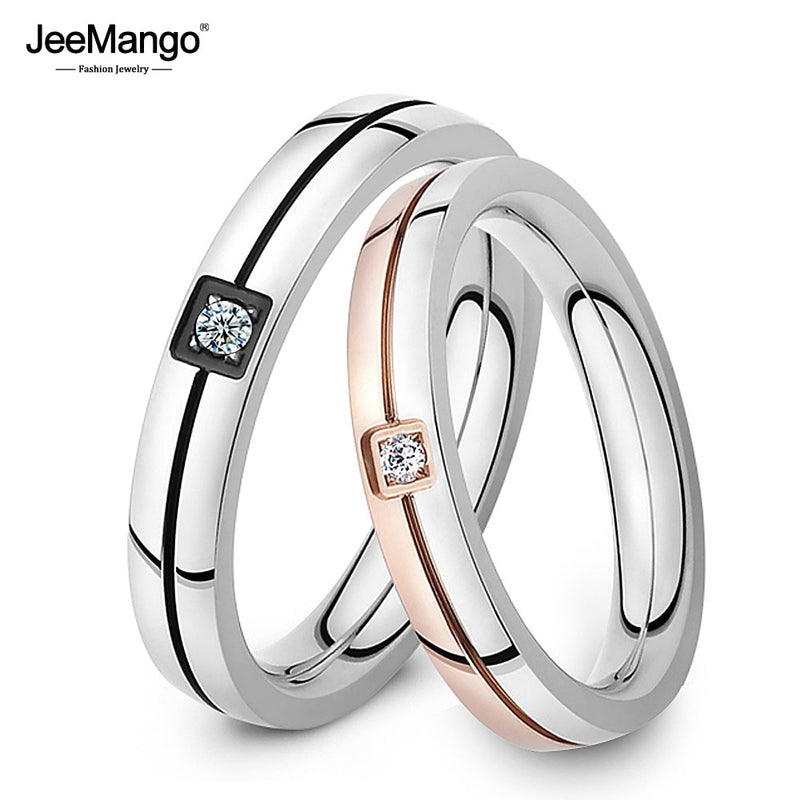 JeeMango New Cubic Zirconia Ring Stainless Steel Shinning Crystal Couple Ring Forever Love For Romantic Wedding Rings JR19102