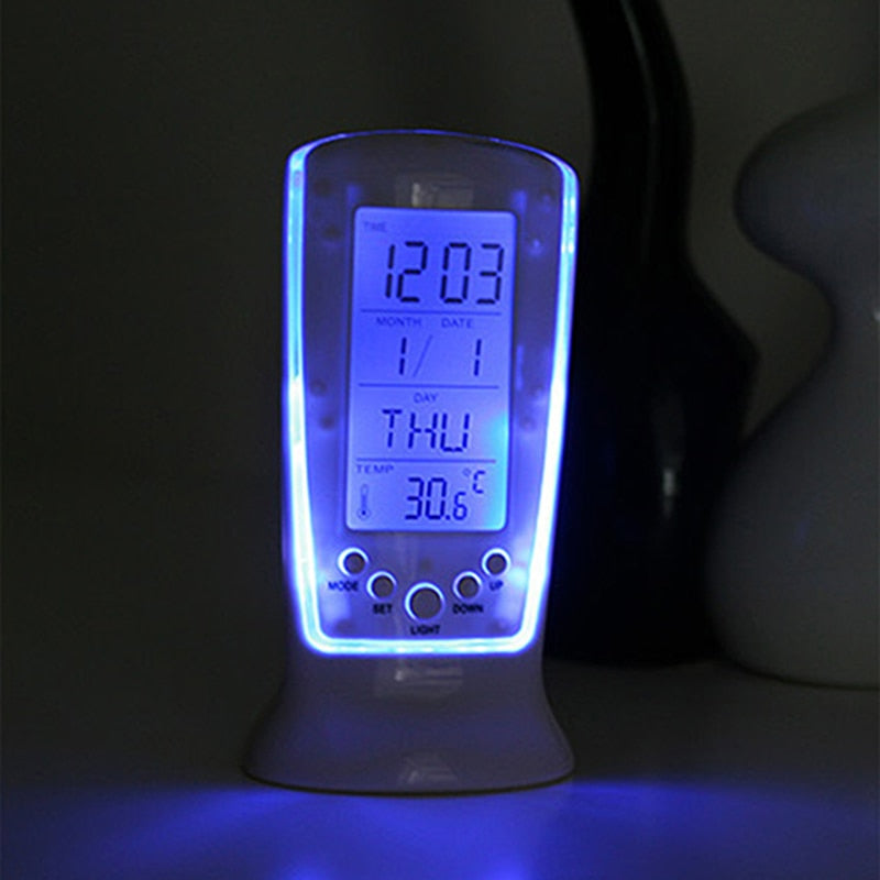 LED Blue Luminous Digital Mini Desk Clock With Electronic Calendar Thermometer Led Table Clock 7 Sounds Alarm Clock 13*6*5.5cm