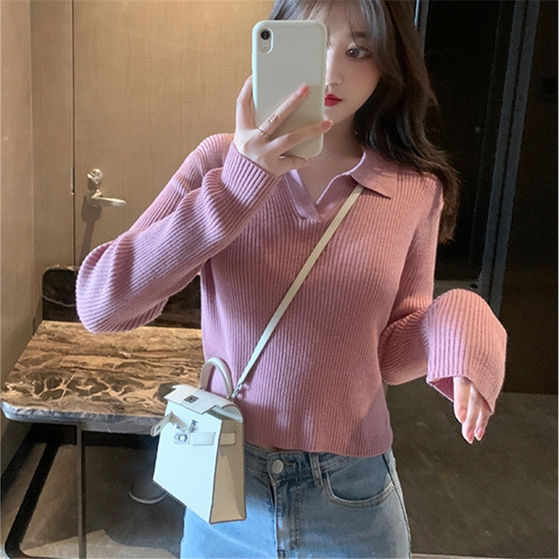 2022 New Lapel Polo Neck Knitted Bottoming Top Women's Autumn Winter Solid Color Base All Match Causal Sweater For Fashion