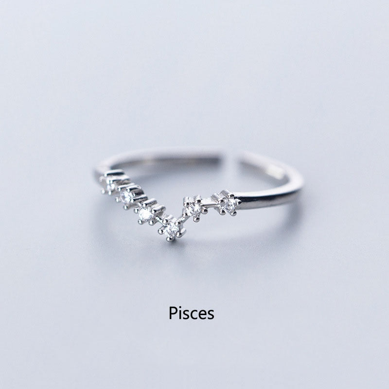 New Minimalist Inlaid Cubic Zircon 12 Constellation Zodiac Sign Rings for Women Simple Silver Color Adjustable Ring Jewelry Gift