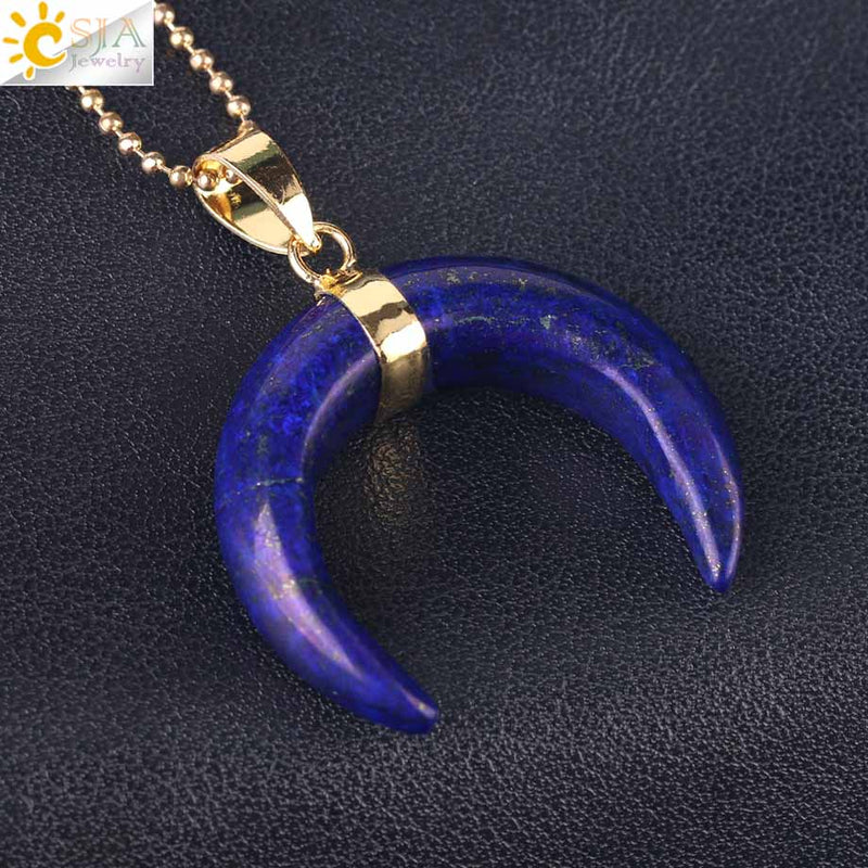 CSJA Natural Stones Crescent Moon Necklaces Pendants Purple Crystal Pink Quartz White Stone Gold Color Reiki Women F306