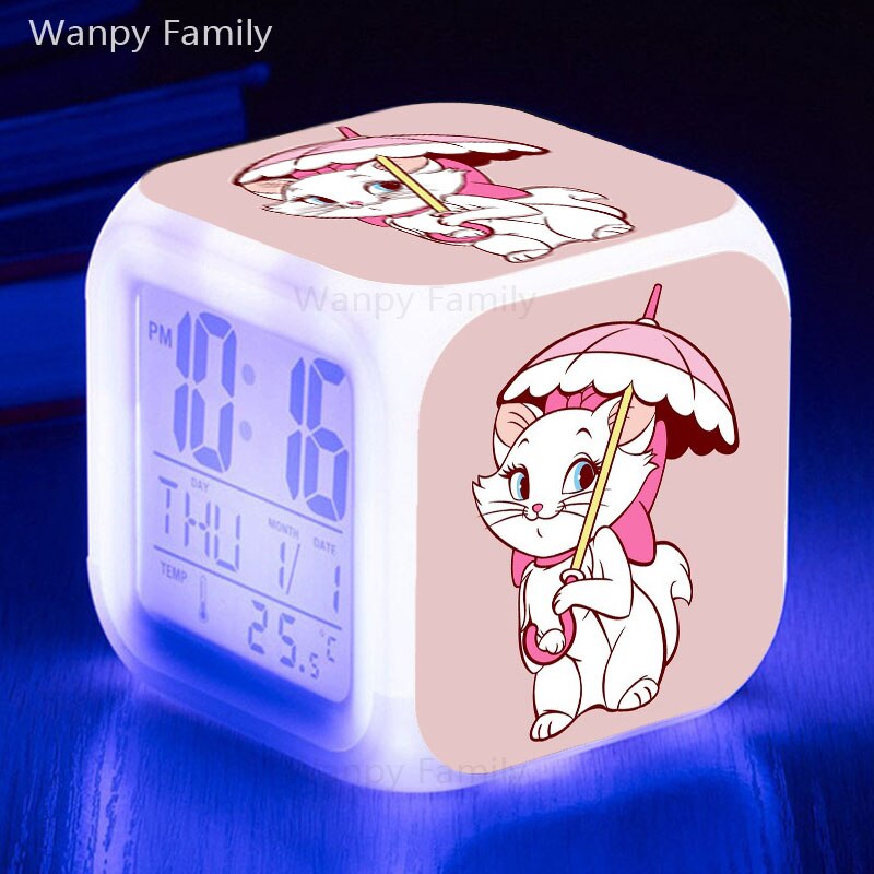 Cute Marie Cat Alarm Clock 7 Color Glowing LED Digital Clock Kids Room Touch Sensing Small Night Lamp Desk Clock Gift For Child