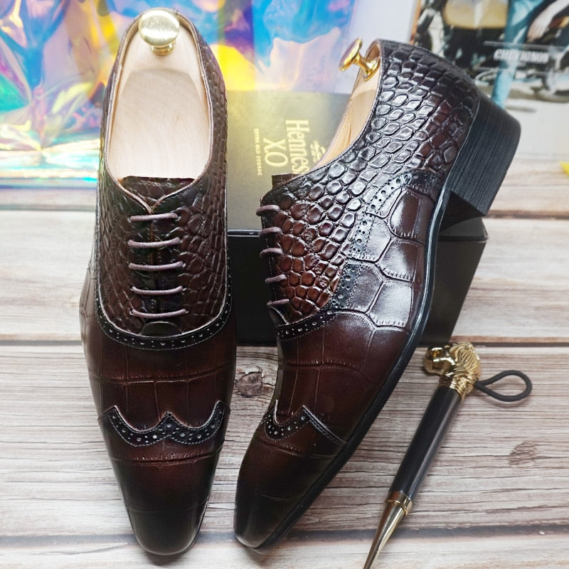 Elegant Men's Leather Shoes Lace up Cap Toe Brown Black Crocodile Prints Dress Formal Shoes Wedding Office Oxford Shoes For Men