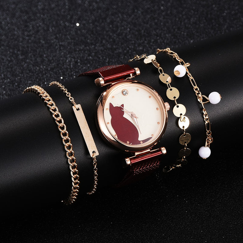 Fashion Watch Set Women 5pcs Quartz Wristwatch Mesh Bracelet Cat Dial Luxury Woman Watch Casual Ladies Clock Relogio Femenino