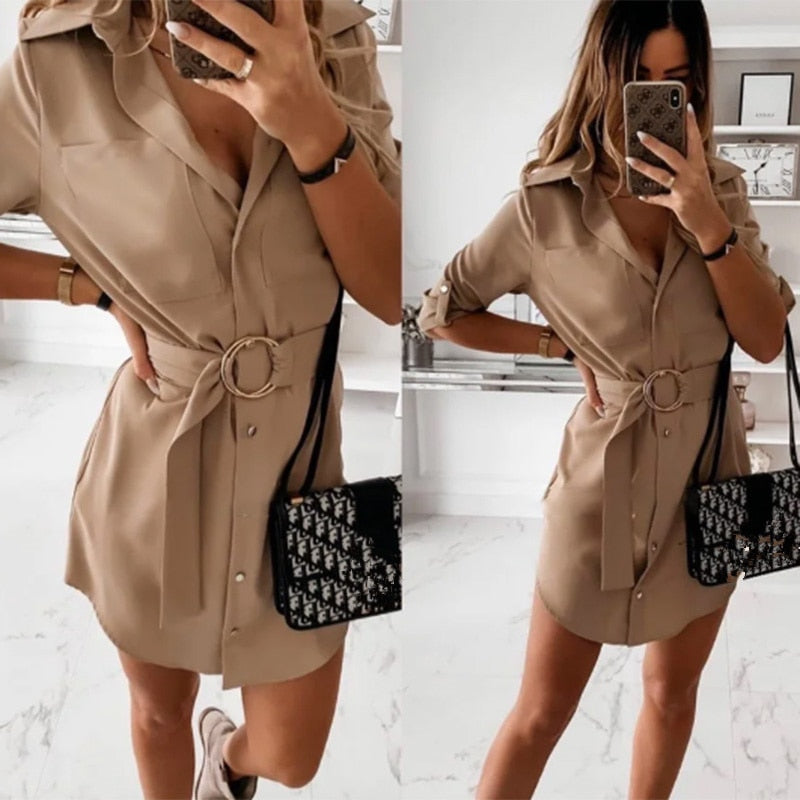 Women Vintage Front Pockets Sashes A-line Dress Three Quarter Sleeve Turn Down Collar Solid Elegant Dress 2020 Autumn Dress