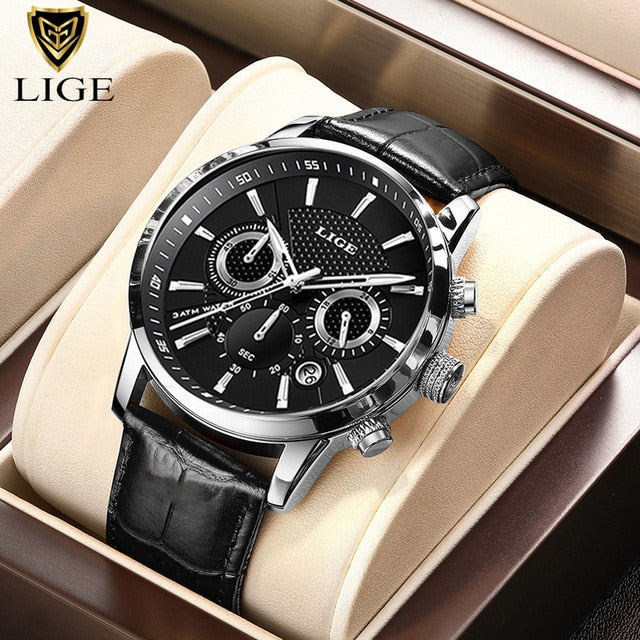 2022 New Mens Watches LIGE Top Brand Luxury Leather Casual Quartz Watch Men&