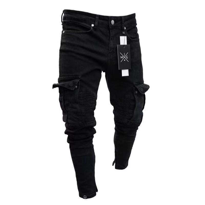 Men Slim Biker Ripped Long Denim Trousers Skinny Jeans pocket Young Man Jogging Pants Destroyed Stretchy-Black Pants