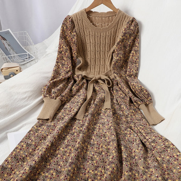 Corduroy Floral Women Dresses Vintage Knitted Patchwork Vestidos De  Mujer 2022 Sweet Korean Long Dress A-line