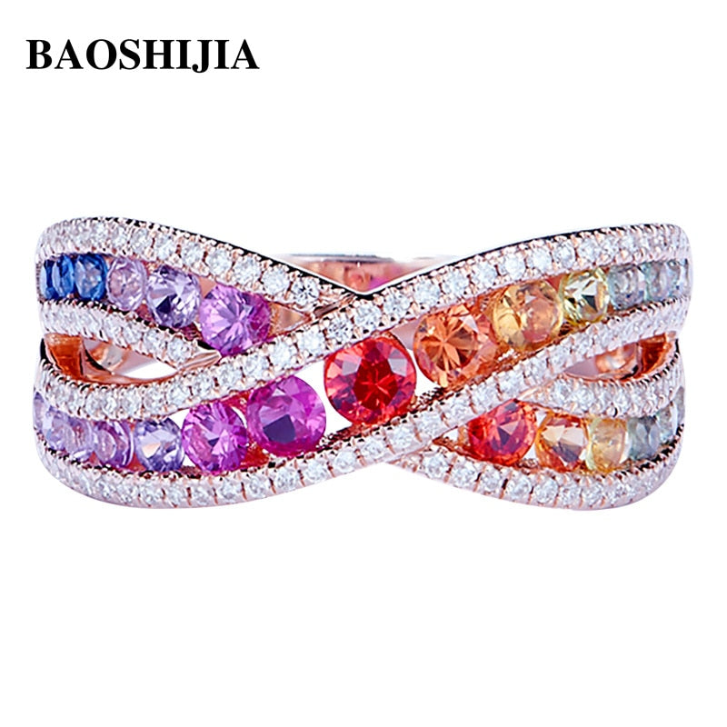 BAOSHIJIA Solid 18k Gold Color Sapphires Diamonds Ring X-shaped Cross Ladies Band Jewelry Atmosphere Luxury Antique