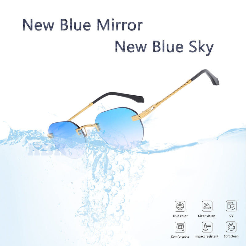 HBK Blue MIRROR Frameless Gold Metal Ladies Sunglasses Men Rimless Brown Sun Glasses For Women Fashion Shades Cutting Eyeglass