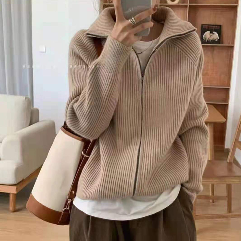 Sweater Cardigan Women Spring New Solid Vintage All-match Elegant Zipper Loose Daily Soft Sweet Simple Casual Knitwear Chic Teen