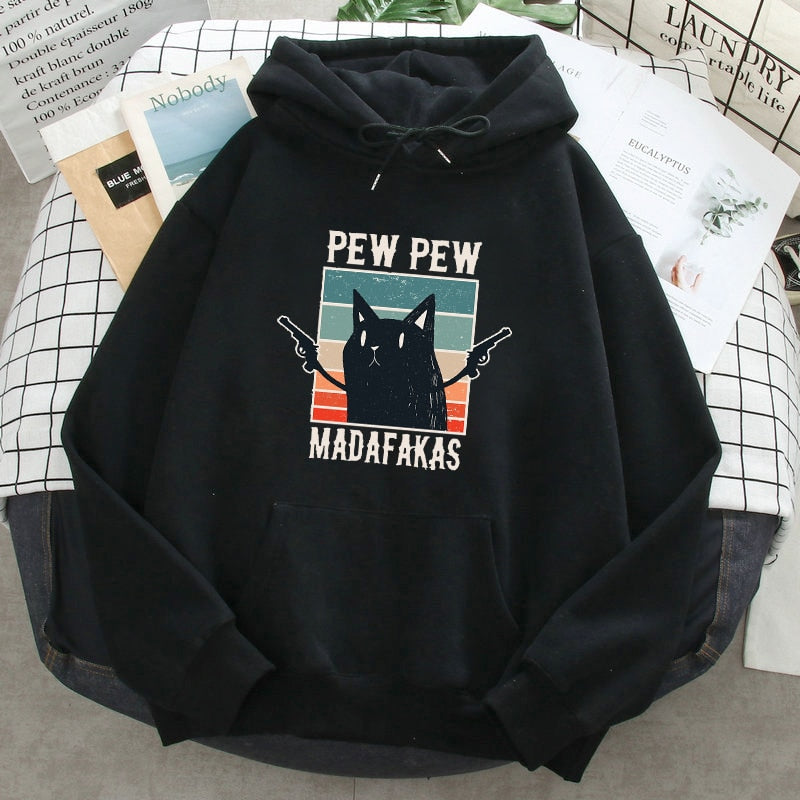 Pew Pew Madafakas Black Cat Funny Print Mens Hoodie Harajuku Ullzang Streetwear Anime Sweatshirt Warm Casual Oversized Hoody